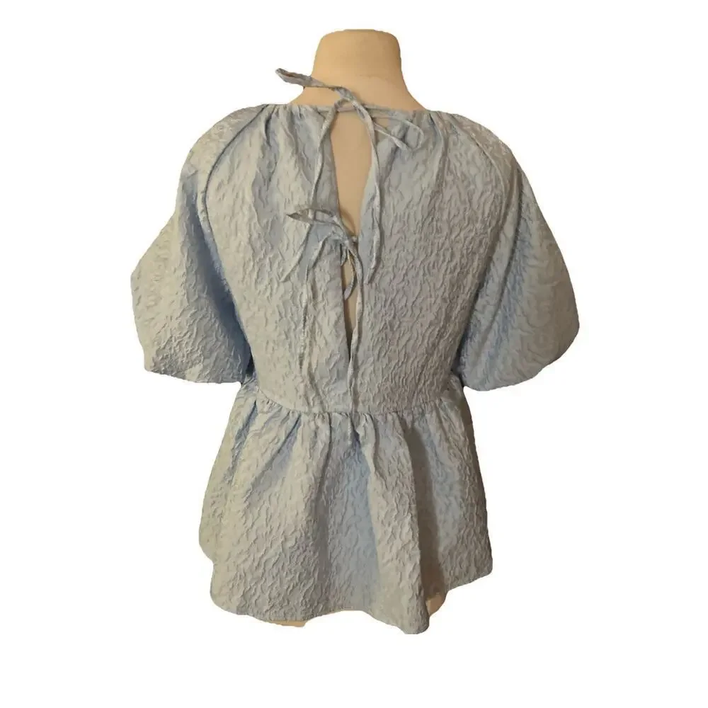 Tuckernuck Hyacinth House Julia Top Sz S Blue Puff Sleeve Jacquard Blouse Preppy